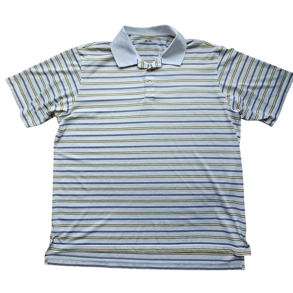 Adidas Golf Mens 2XL‎ Striped Polo Shirt White Blue Yellow Short Sleeve RN 88387